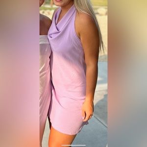 Purple cowl neck halter dress